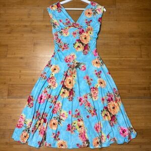 Vintage Ruby Women's Floral Print Fit and Flare V-Neck Dress‎ Sleeveless Size L